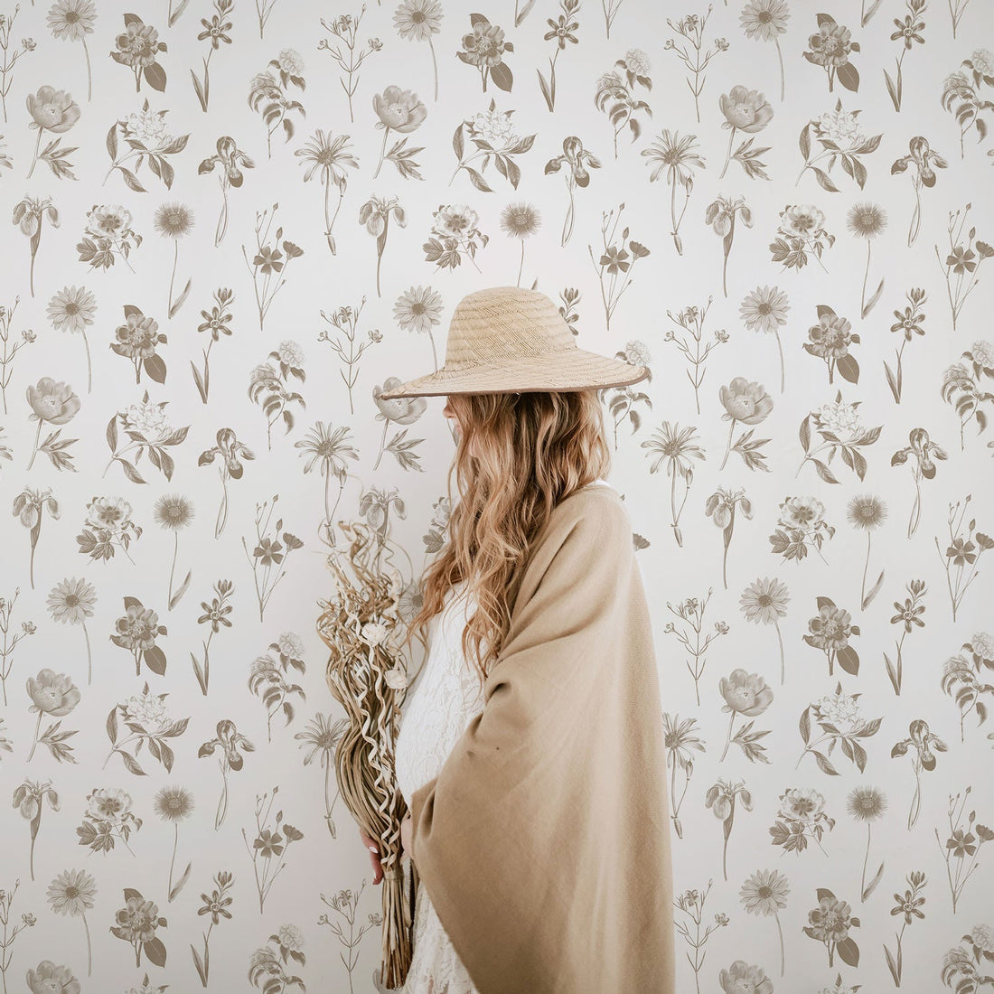 country house inspired floral wallpaper design in beige