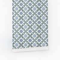 modern blue and green lisbon tiles inspired wallpaper