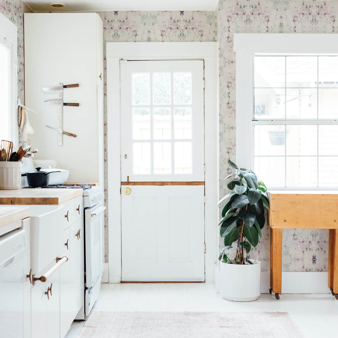 Light kaleidoscope design removable wallpaper in bohemian kitchen interior