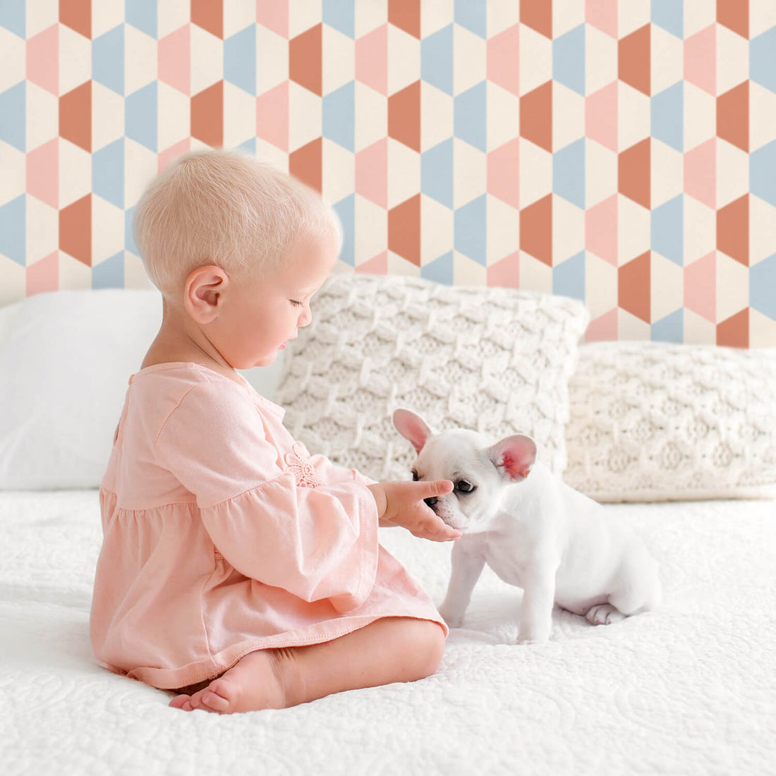 light retro style nursery with geometric shapes print wallpaper