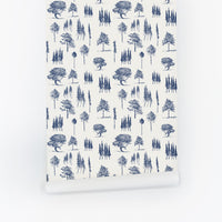 minimal blue trees pattern wallpaper peel and stick