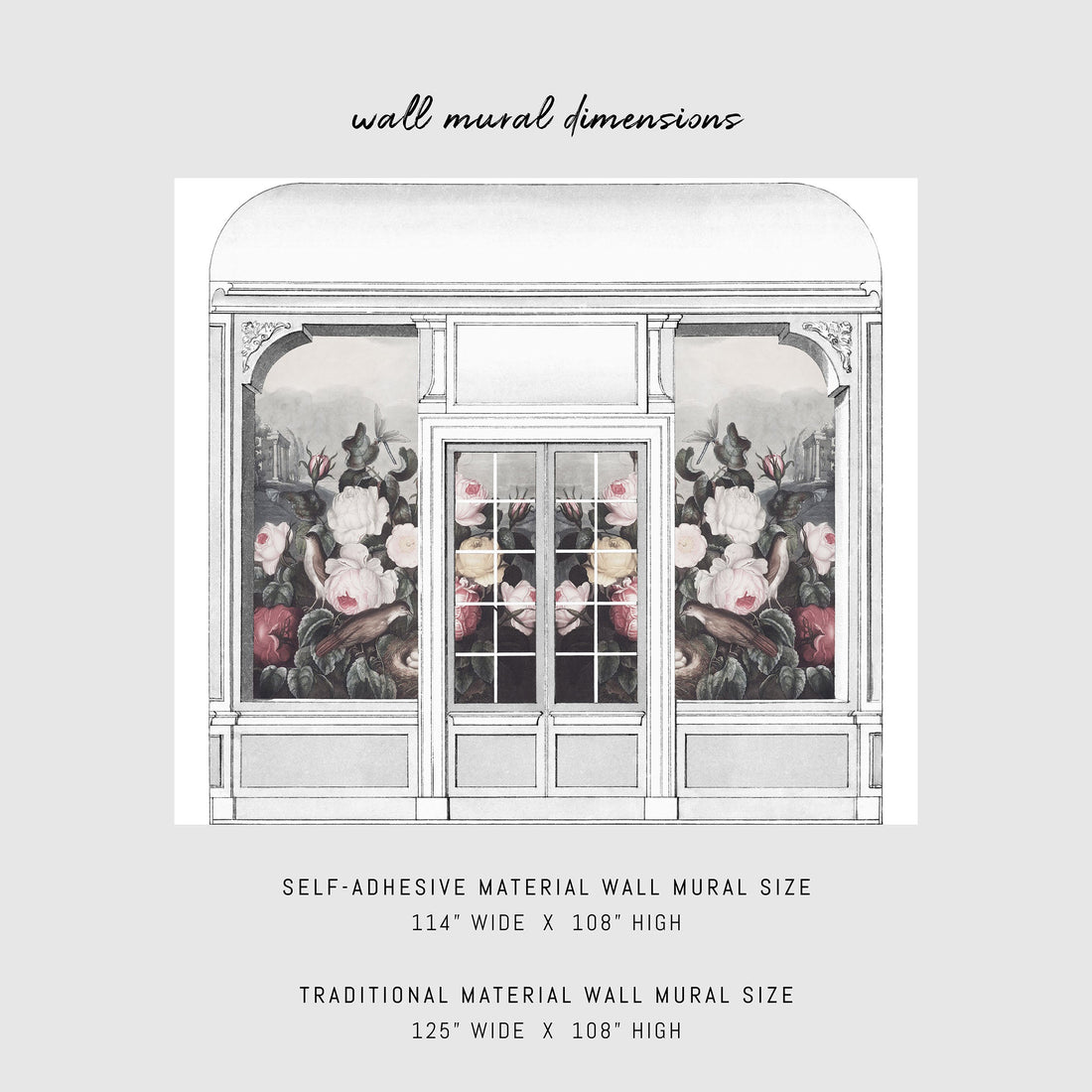 vintage flowers view of window inspired wall mural in subtle colors